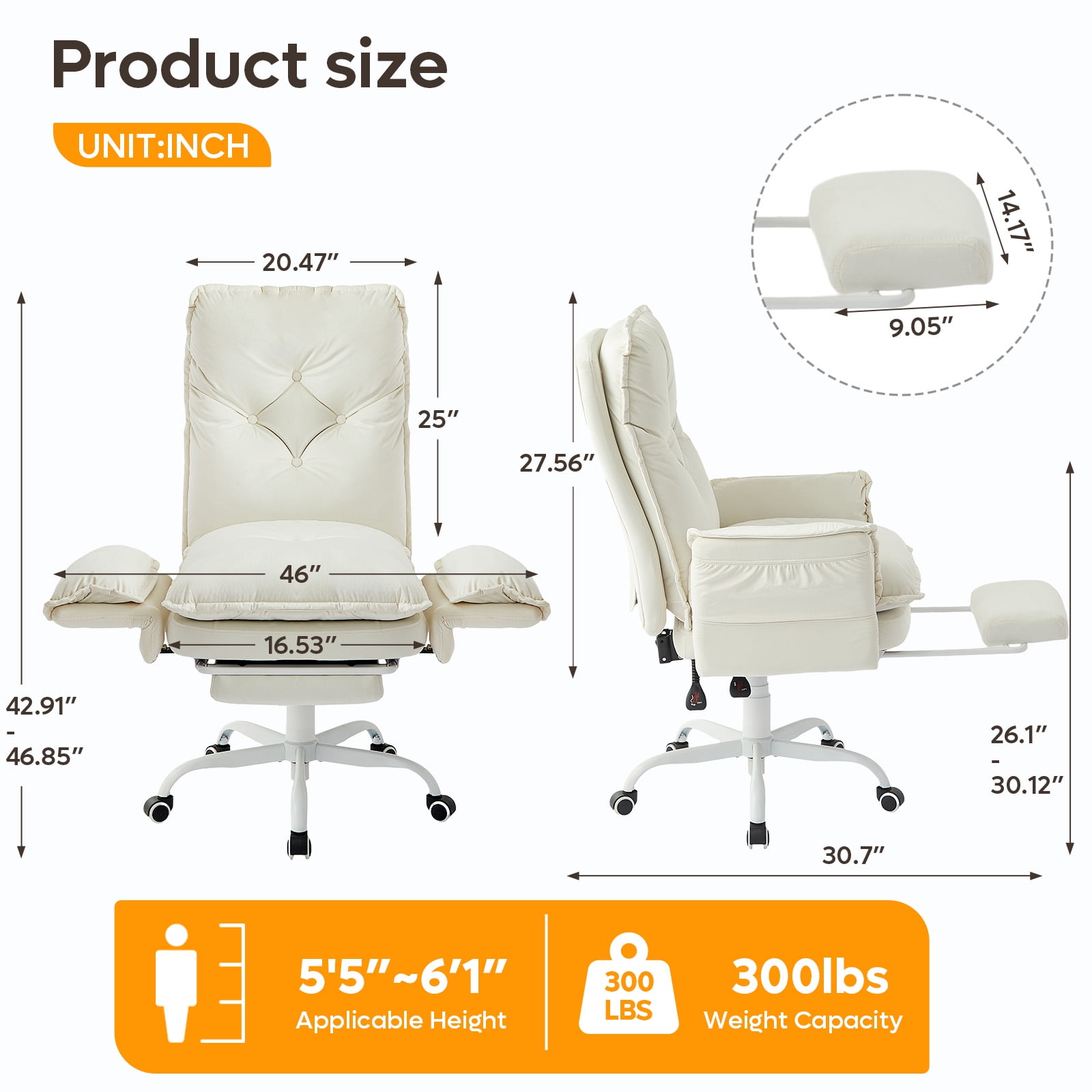 Bestier Big and Tall Executive Office Chair with Flip-up Arms for Adult, Wide Seat Ergonomic Computer Desk Chair,High Back Velvet Comfy Cross-Legged Office Chair with Footrest and Side Pockets, Beige