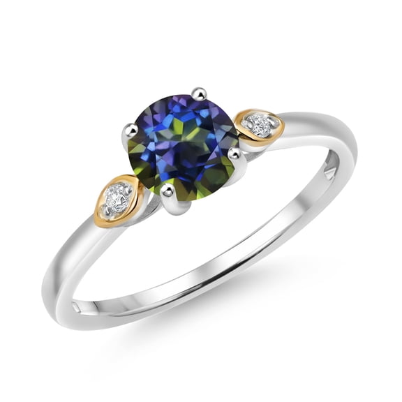 Gem Stone King 925 Silver and 10K Yellow Gold Blue Mystic Topaz and White Lab Grown Diamond 3-Stone Engagement Ring for Women (1.03 Cttw, Round 6MM, Gemstone November Birthstone, Size 6)