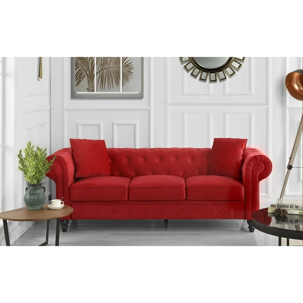 Classic Chesterfield Couch in Velvet Scroll Arm Tufted Button Sofa, Red