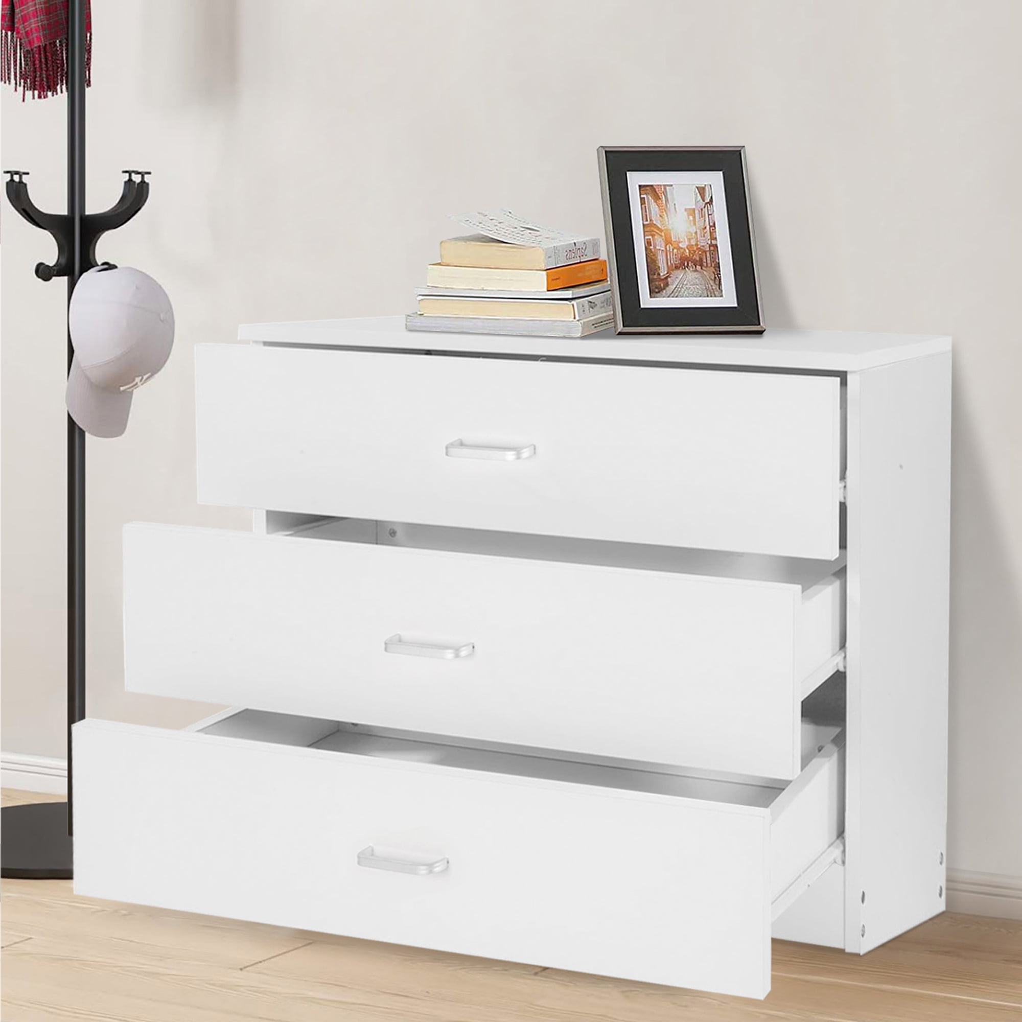 PAPROOS White 3 Drawer Dresser, Chest of Drawers for Bedroom, Modern Storage Cabinet Dresser Organizer Unit with Handle for Living Room, Closet, Hallway