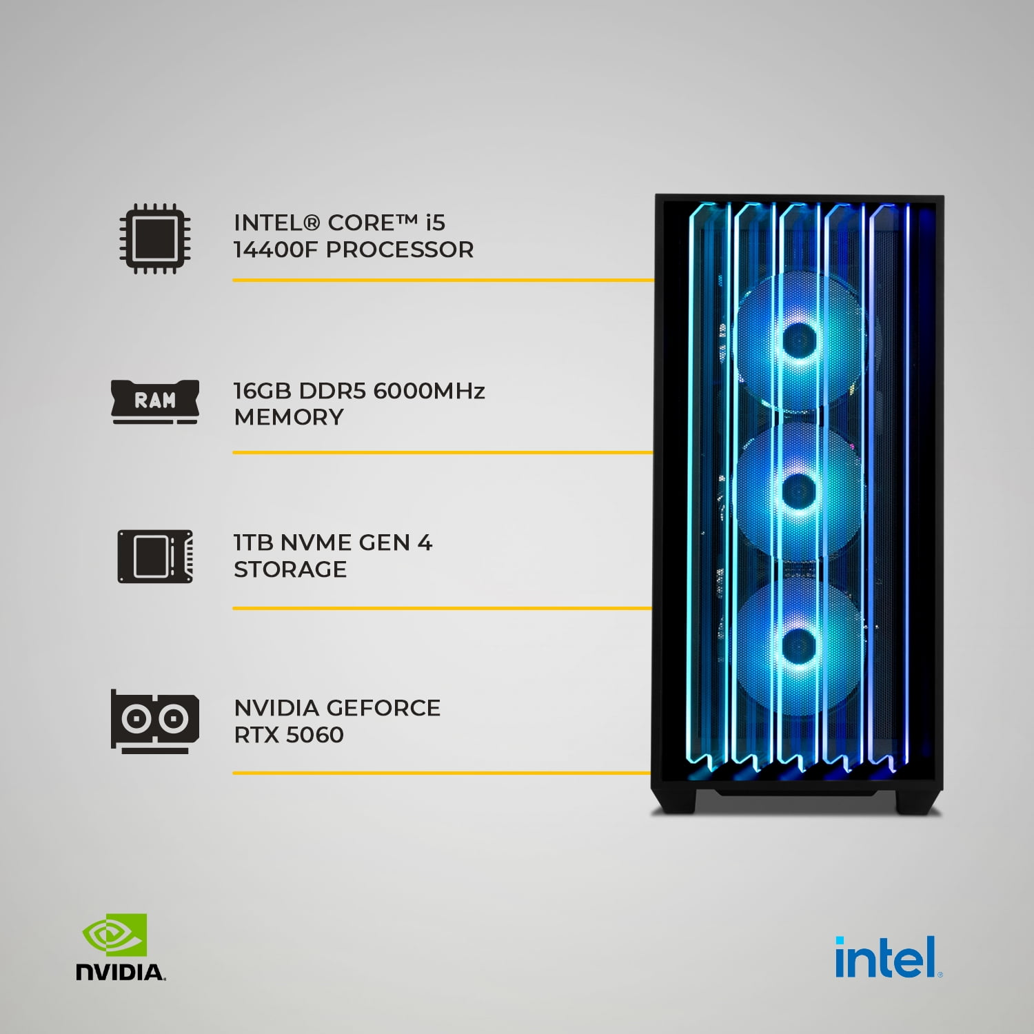 YEYIAN Gaming PC. Core i5 14400F, RTX 5060 8GB GDDR7, 1TB NVMe, 16GB DDR5, 650W 80+ GOLD, Windows 11 Home. Model YPI-MS44F0B-5601B