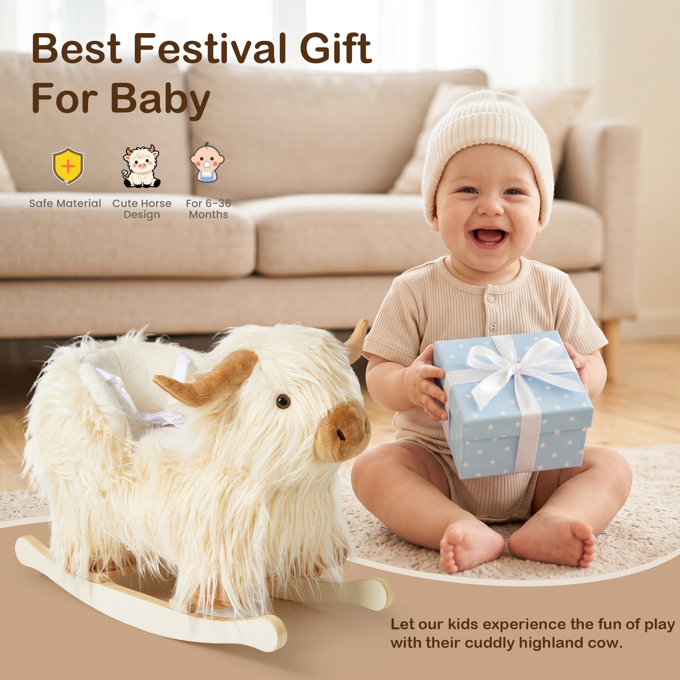 Jolie Vallee Baby Rocking Horse Kids Ride on Horse Highlander Cattle Rocker for Toddlers 1 Year Old Cute Dog Stuffed Plush Ride-on Toy for Child Christmas or Birthday Gift White