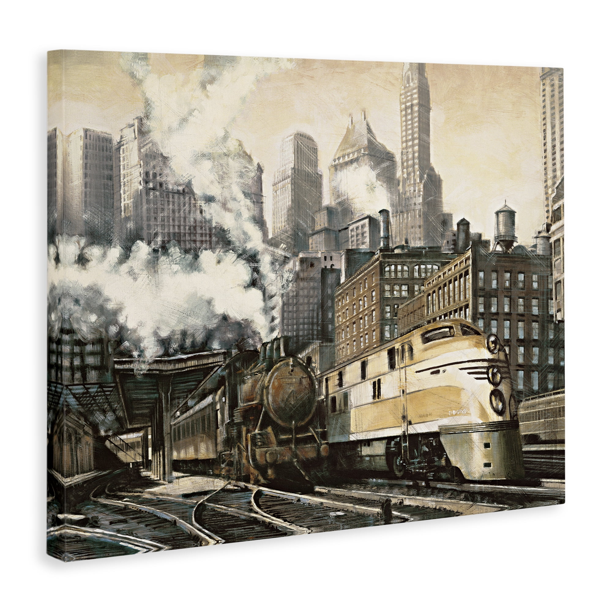 Stupell Industries Urban Steam Train Scenery Painting Gallery Wrapped Canvas Art Print Wall Art, 30 x 24