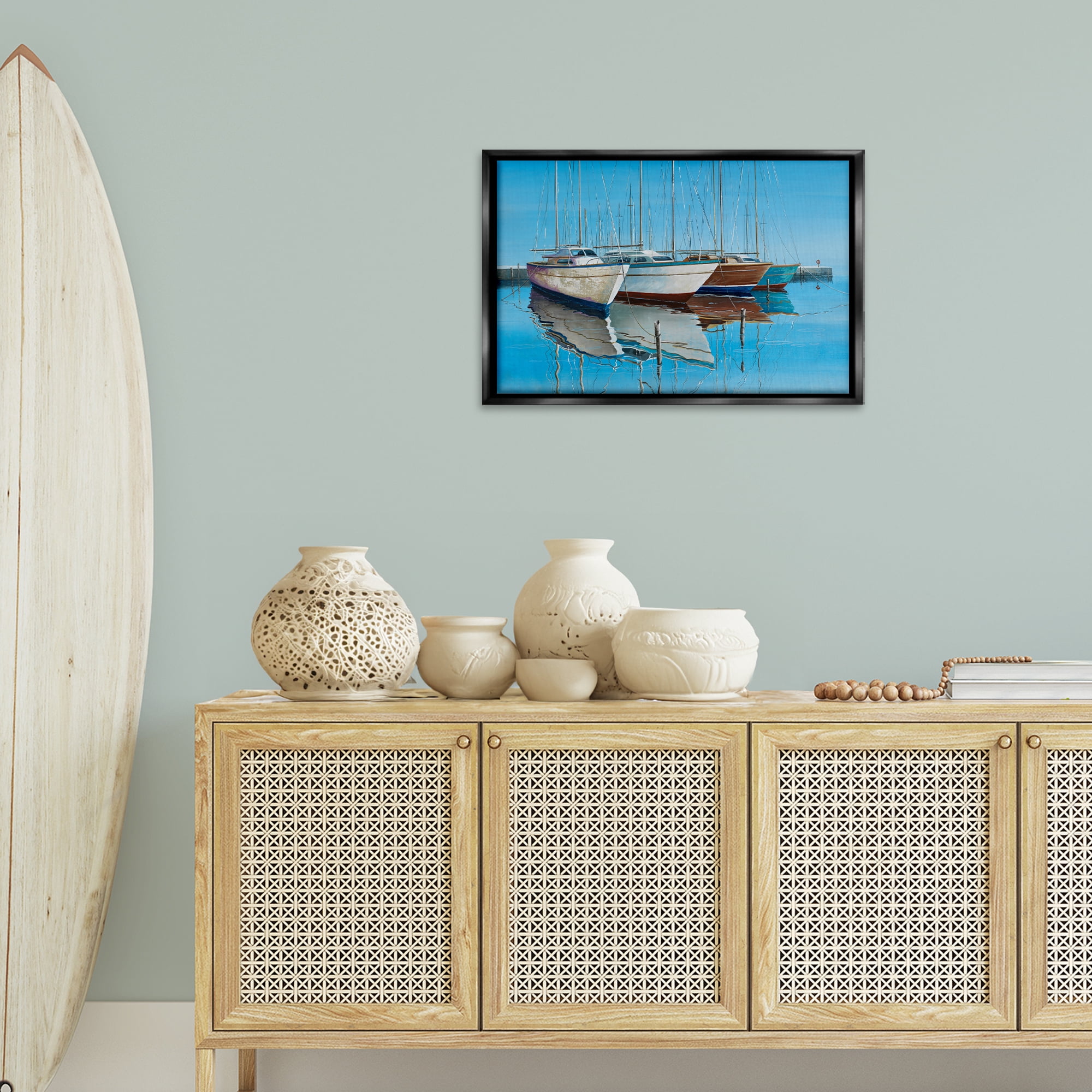 Stupell Industries Four Docked Boats Reflection Transportation Painting Black Floater Framed Canvas Art Print Wall Art, 25 x 17