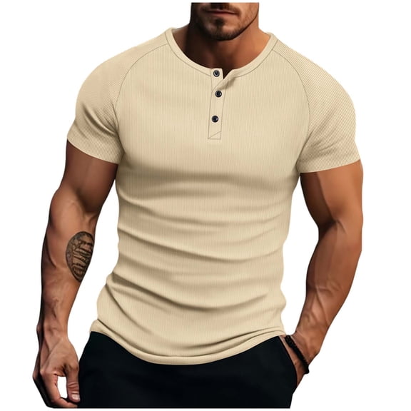 VSSSJ Men's Ribbed Knit Henley Shirt Slim Fit Short Sleeve Muscle Shirt Casual Crew Neck Button Up Lightweight Summer Basic T-Shirt Khaki M