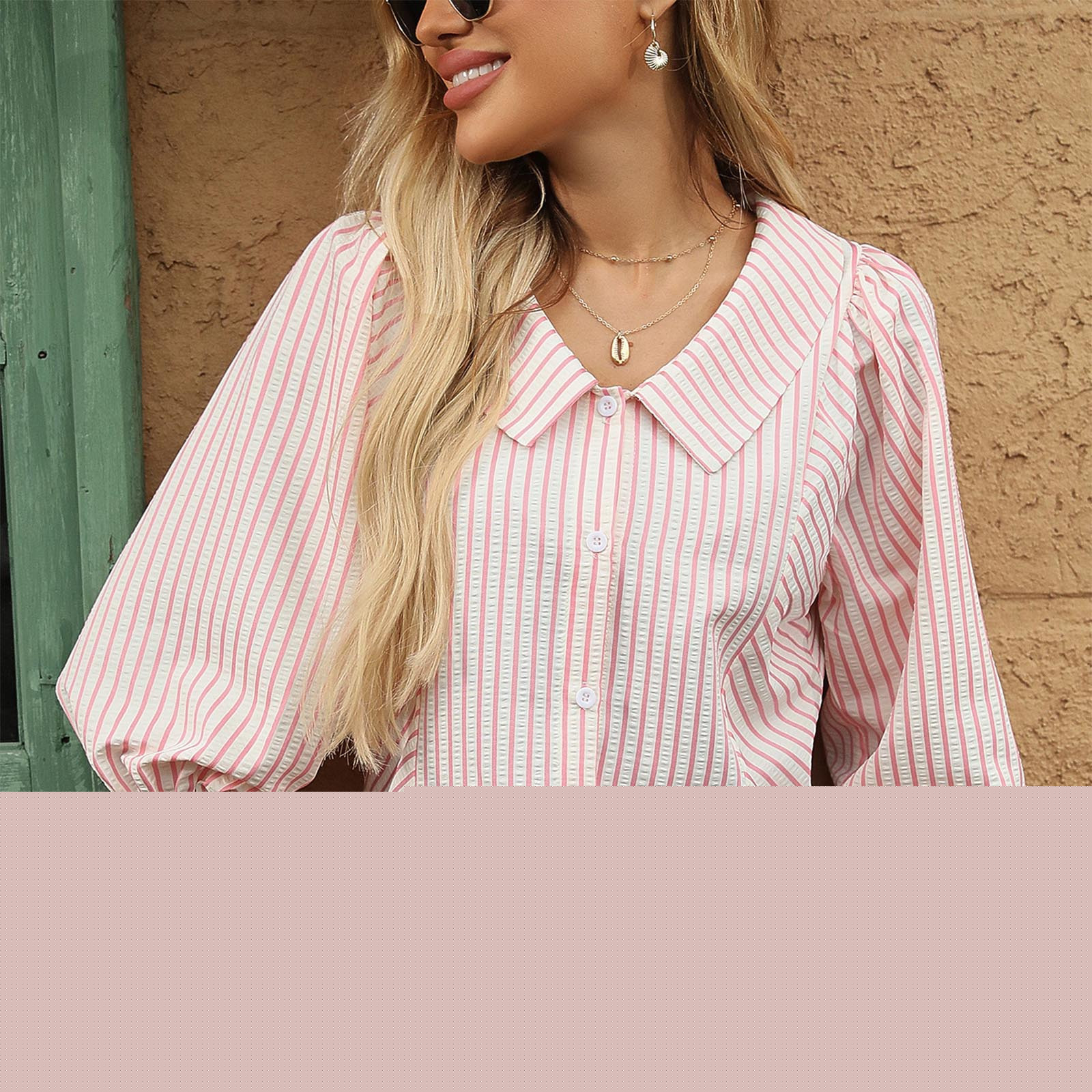 thumbnail image 2 of Lenpel Women's Button down Shirts Striped V Neck Collared Pleated 3/4 Length Lantern Sleeve Tops Summer Spring Outfits, 2 of 7