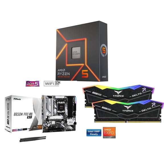 CPU Motherboard Memory Combo - AMD Ryzen 5 7600X Bundle with ASRock B650M Pro RS WiFi and Team Group FF3D516G6000HC38ADC01
