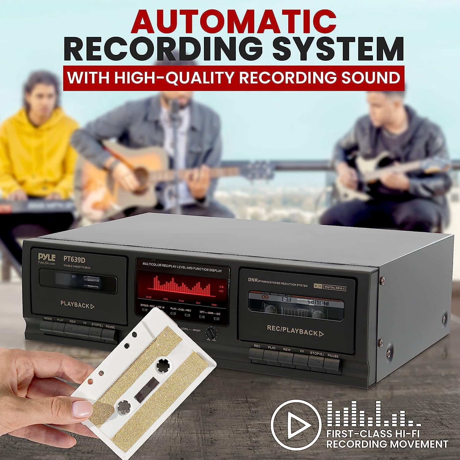 Pyle Dual Cassette Deck Stereo - Excellent Hi-Fi Sound, Compact and Portable Tape Recorder Player with Digital Professional Noise Reducing System and RCA Cables, Record & Play Audio and Music