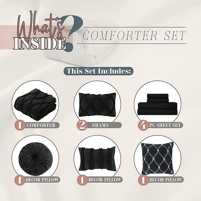 Elegant Comfort 10pc Bedding-in-a-Bag Infinity Design Comforter Set, Ultra Soft Bed Set Featuring Decorative Pillows and Fitted Sheet , Storage Pockets, Infinity Comforter, Full/Queen, Black Onyx