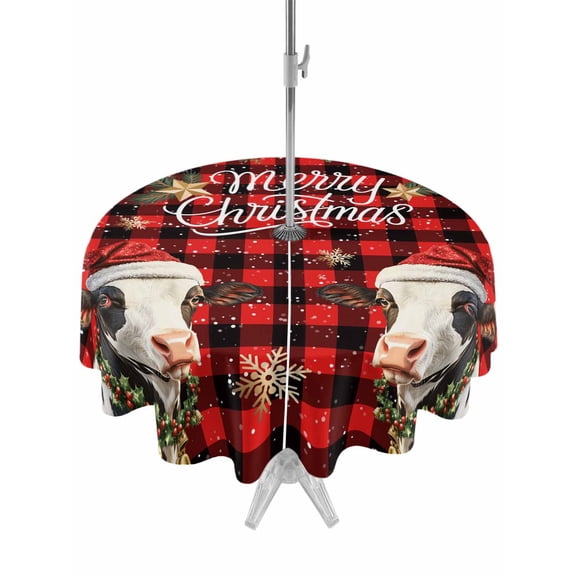 Outdoor Tablecloth with Umbrella Hole and Zipper, Christmas Round Table Cloth 54 Inch Waterproof Tablecloth, Winter Cow Snowflake Red Black Buffalo Plaid Picnic Table Cover for Patio Camping
