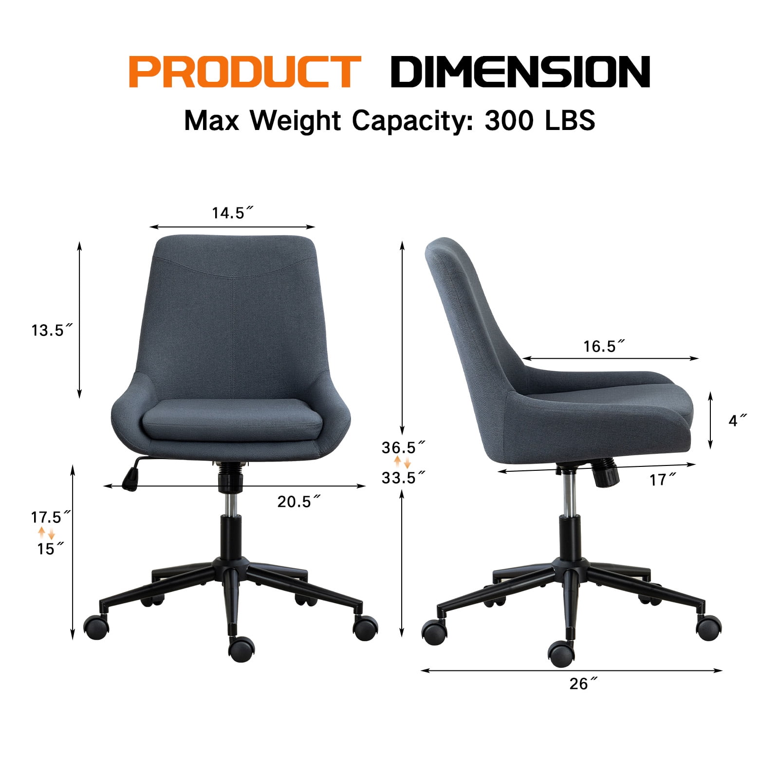 Linen Fabric Home Office Task Chair, Armless Vanity Chair With Wheels, Swivel Adjustable Seat Height Desk Chair with Rocking Function for Bedroom, Living Room or Study Dark Gray
