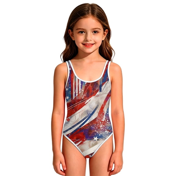 Grbisyd 4th July Swimsuits for Girls Patriotic Star Striped Crew Neck Bathing Suits Independence Day Kids One Piece Swimsuits