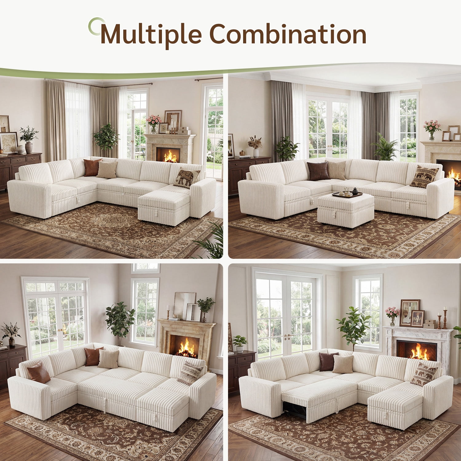 Marrber 106” Oversized Modern Plush Corduroy U-Shaped Modular 7-Seater Pull-Out Sectional Sleeper Sofa Bed with Hidden Storage for Living Room and Apartment, Easy Assembly, White