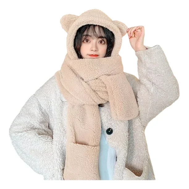 Juego De 3 Piezas De Gorro De Invierno Con Pompón, Bufanda Y Guantes Para Pantalla Táctil Para Mujeres Y Niñas, Juego De Gorro De Forro Polar De Punto Cálido, Beige