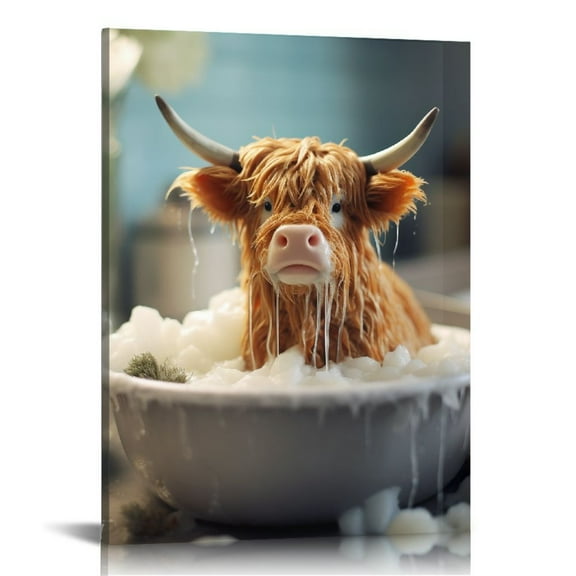 JRXY Funny Highland Cow Bathroom Canvas Wall Art Black and White Longhorn Print Painting Cute Cow In Bathtub Poster Rustic Farmhouse Decor 12x16 in