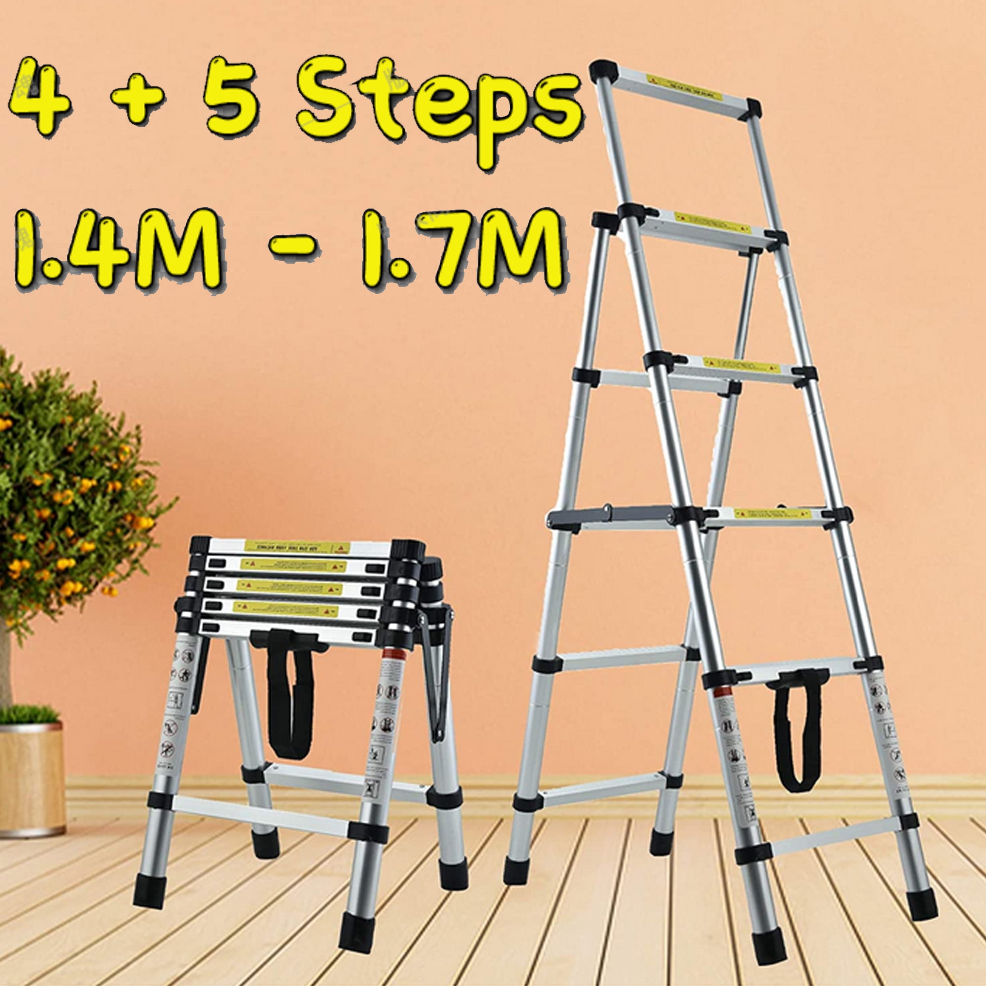 Bowoshen Aluminium Step Ladder 2 Ways Combination with Handrail, 1.4M 1.7M Telescopic Folding Extension Ladder for Household DIY Building Work ( 4 + 5 Steps) - Walmart.com