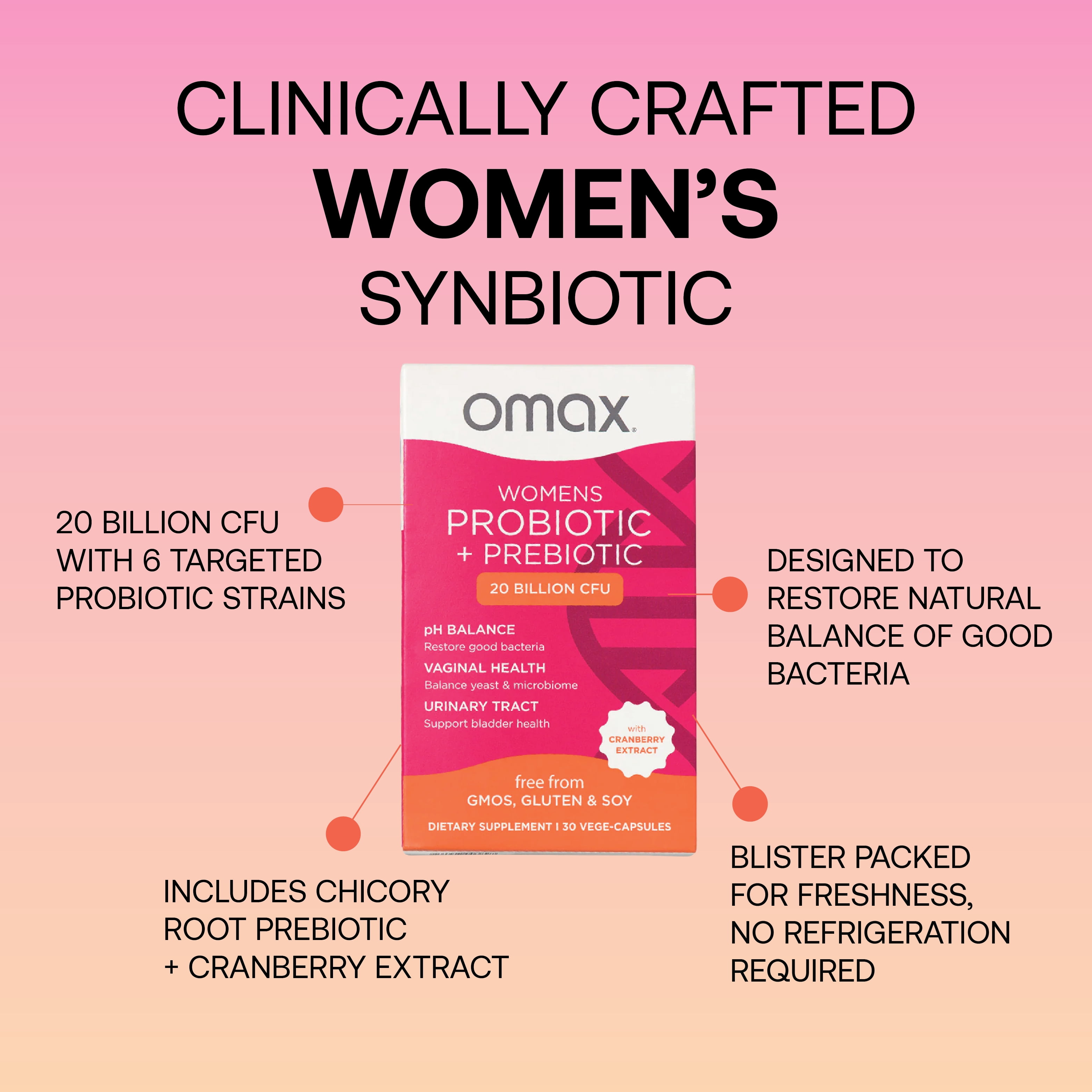 Omax Womens Probiotic with Cranberry Extract, Vegan, Organic, Gluten Free - 30 Vege-Capsules