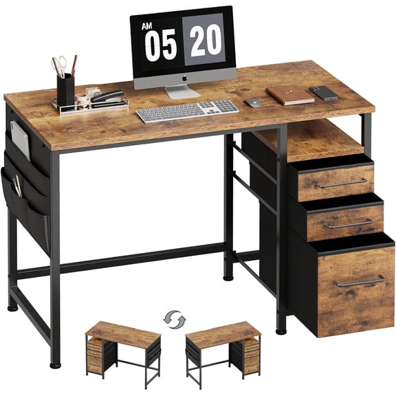 Maihail Small Desk with Drawers, 40 inch Desk with Shelves, Writing Desk with Storage, Small Office Desk with Metal Frame, Rustic Brown2