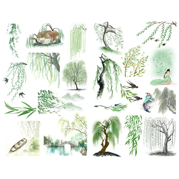 Ink Painting of Willow Tree Pre-cut Sticker Cute Aesthetic Diary Travel Paper Journal Stickers Scrapbooking Stationery Sticker Flakes Art Supplies
