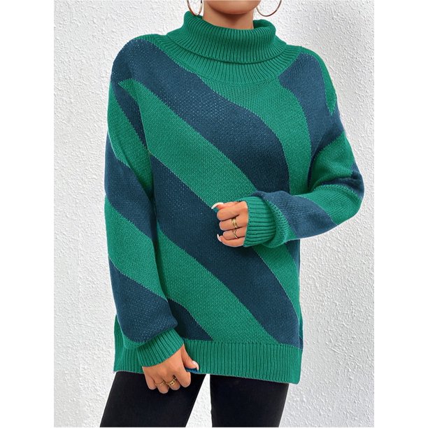 2023 otoño e invierno nuevo suéter de cuello alto suéter camisa de fondo de punto de rayas diagonales contrastantes europeas y americanas para mujeres