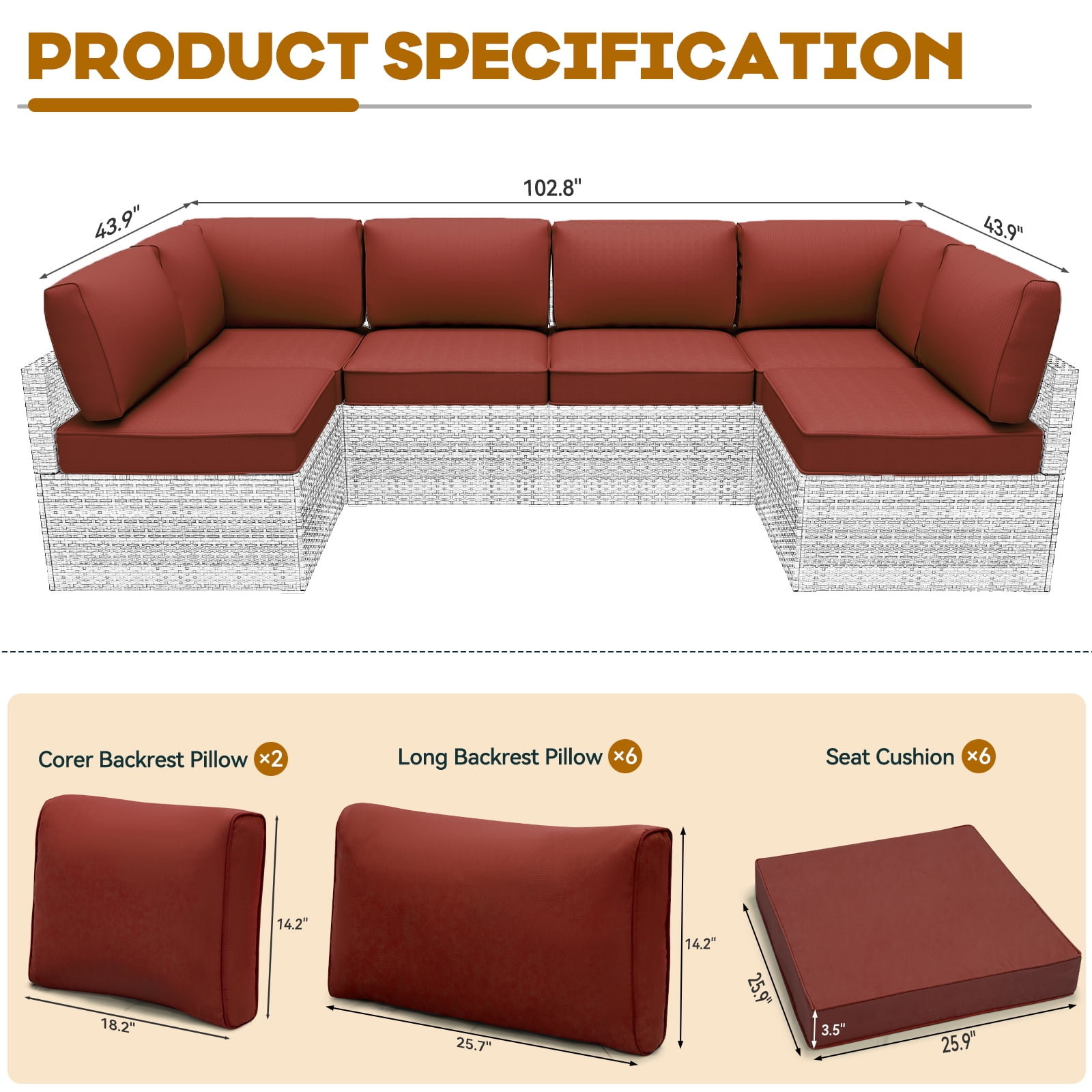Yalissey Outdoor Replacement Cushions for Patio Furniture,Water-Resistant Sofa Cushions for Rattan Wicker Sectional Patio Conversation Sets,14-Piece Outdoor Couch Cushions Patio Sofa,Red