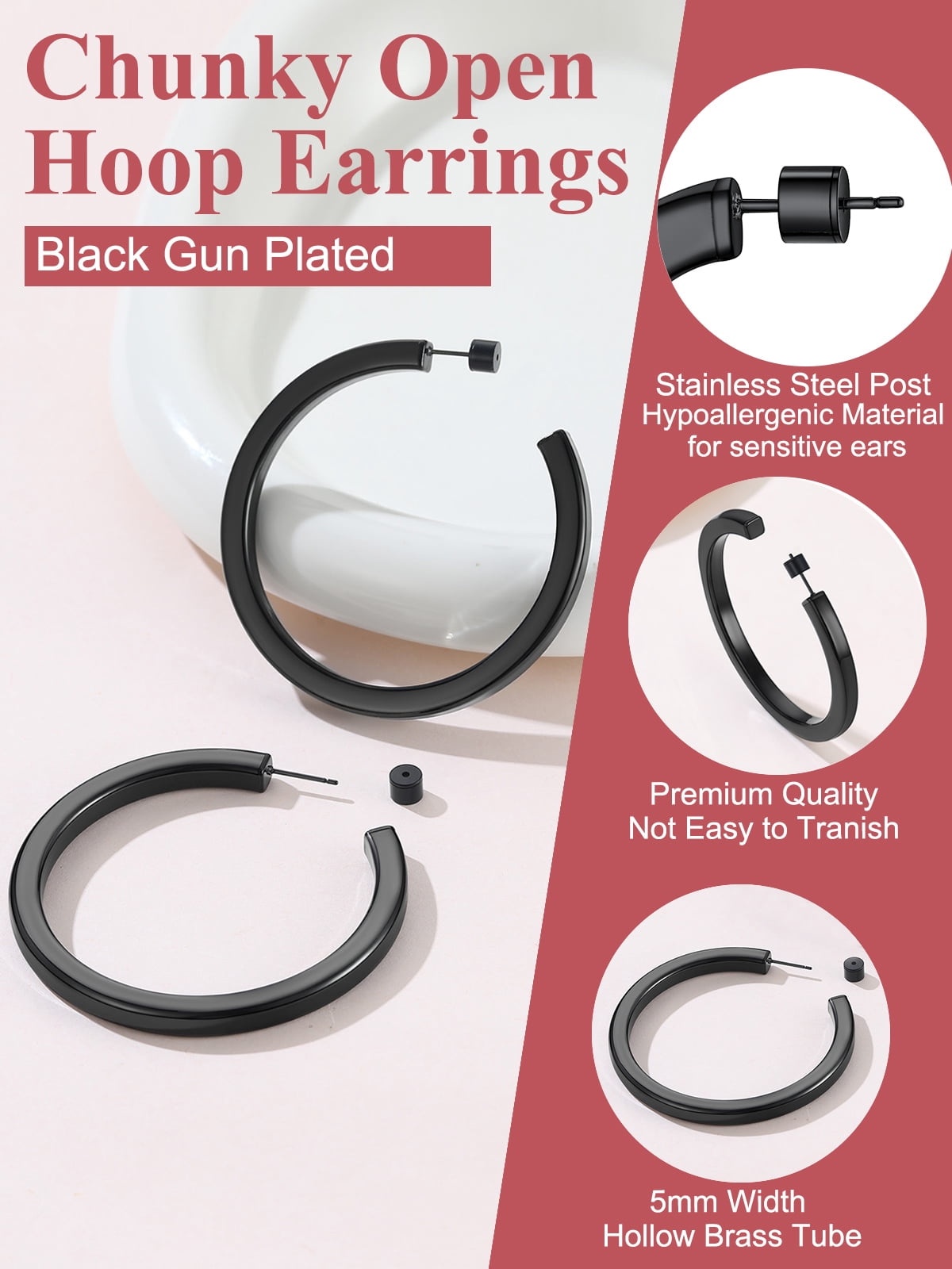 FOCALOOK Black Hoop Earrings for Women Hypoallergenic Lightweight Large Chunky Thick Trendy Cube Tube Open Hoop Earrings 60mm