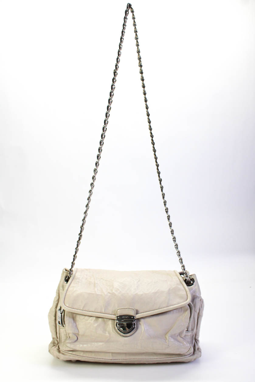 Pre-owned|Prada Womens Crinkle Leather Chain Strap Shoulder Bag Beige  Medium Handbag 