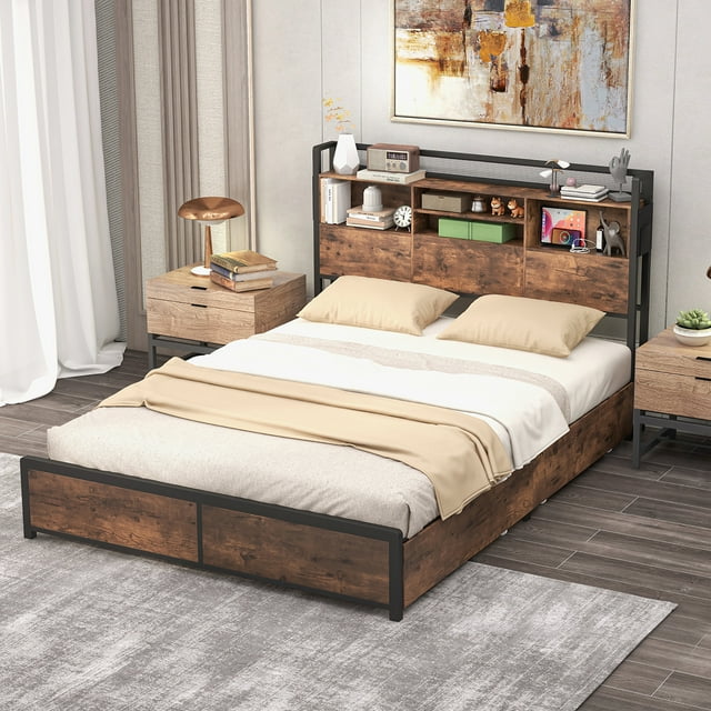 Gymax Full Size Bed Frame w/ Bookcase Headboard & 4 Storage Drawers Vintage Brown