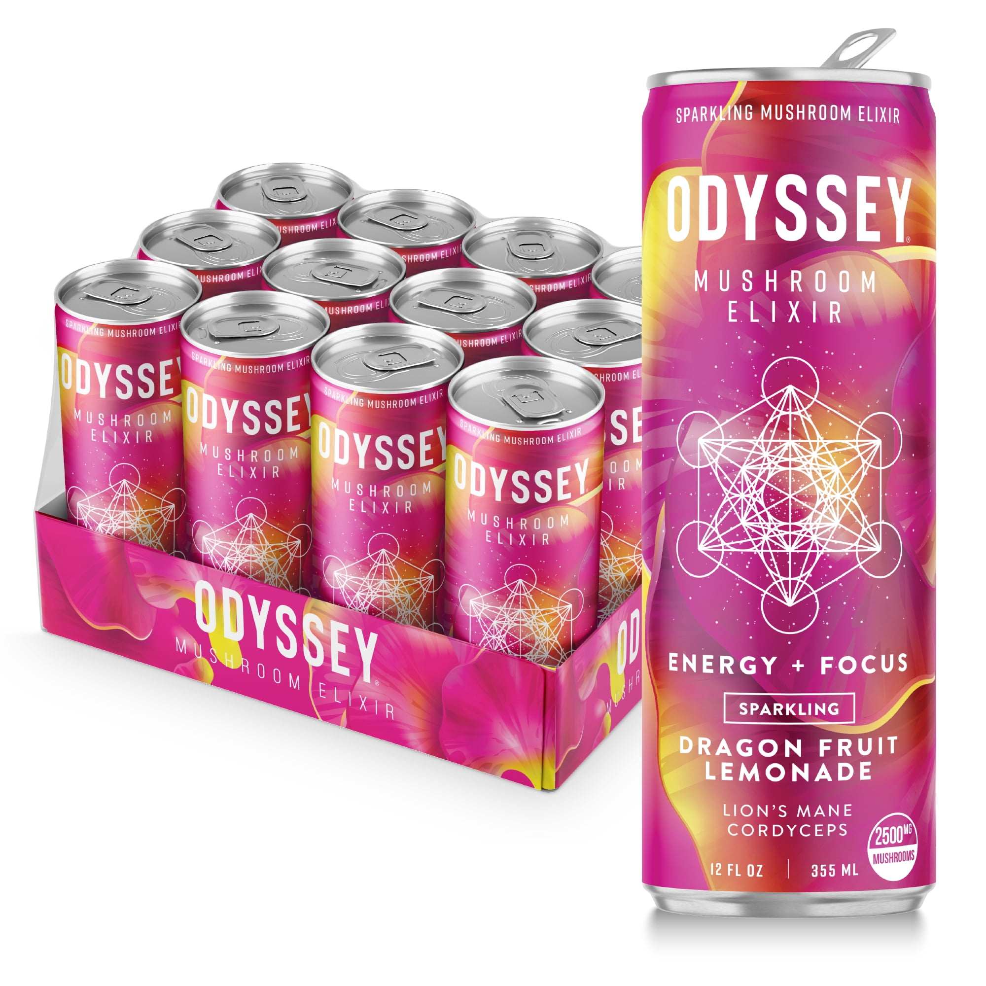 ODYSSEY ELIXIR Energy and Focus Sparkling Mushroom Drink 12 Fl oz, Dragon Fruit Lemonade Flavor
