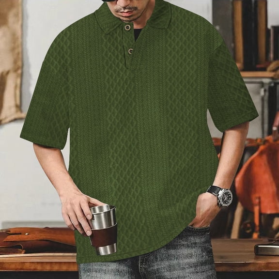 HOWPAY Men's Polo Shirts Short Sleeve Summer Casual Loose Fit Solid Color Button Tops Breathable Athletic Work Collared Golf Shirts Army Green L