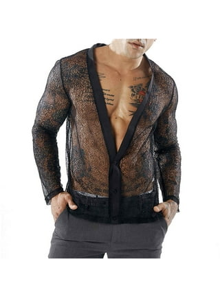 Men's Black Summer Mesh See-through Tops Shirts Long Sleeve Sheer Shirts