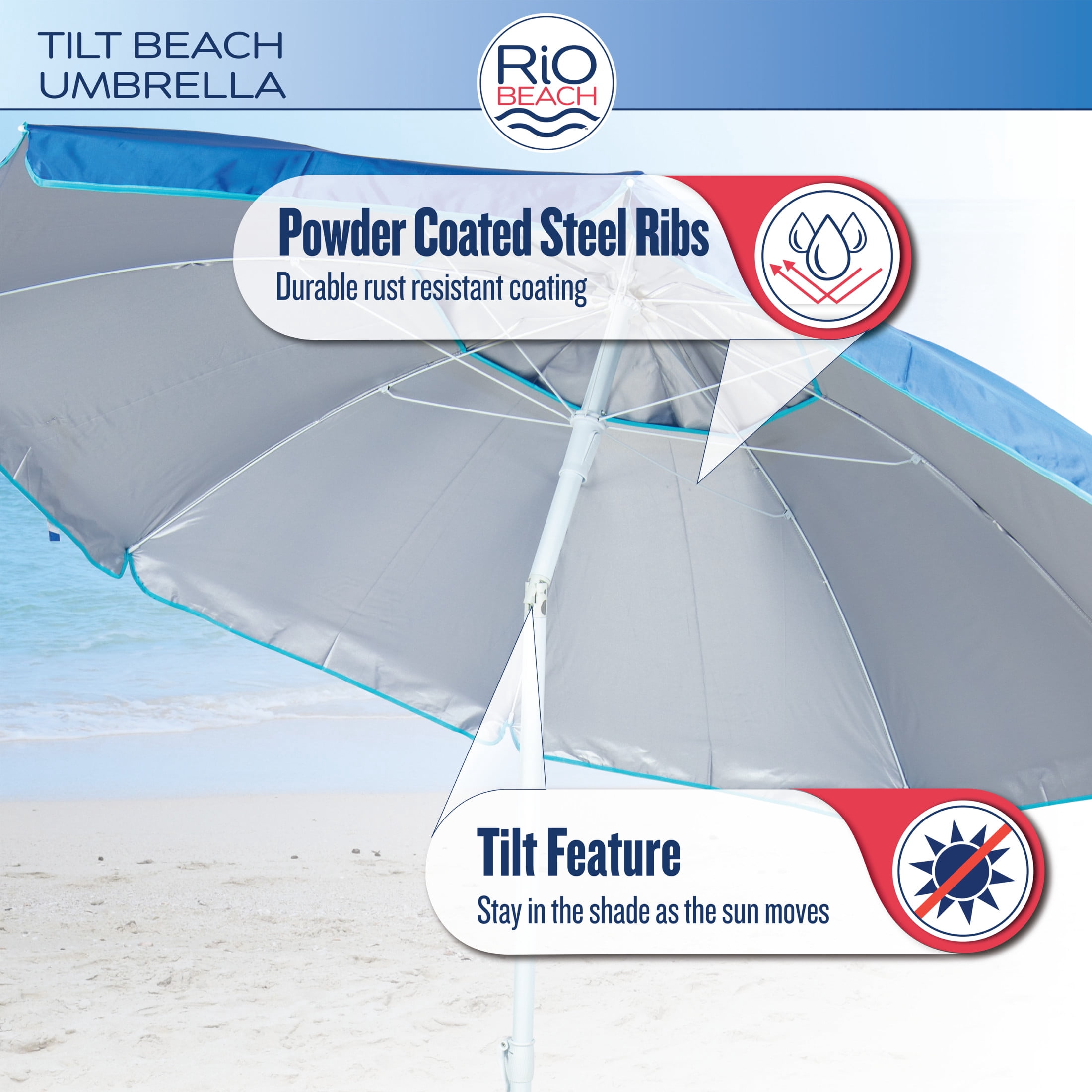 1 New Rio Brands 7' UPF 50+ Beach Umbrella with Integrated Sand Anchor, Multicolor