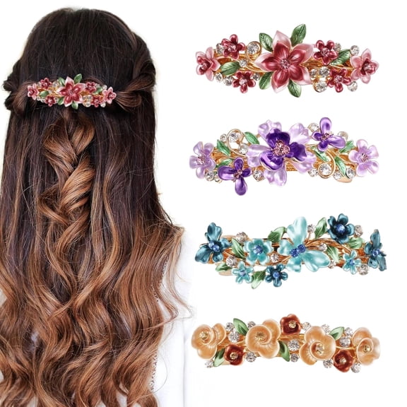 4PCS Vintage Flower Hair Barrettes for Women, Colorful Flora Rhinestone Hair Clips for Thick Thin Hair, Flower Design Metal French Hair Clip Decorative Hair Clip