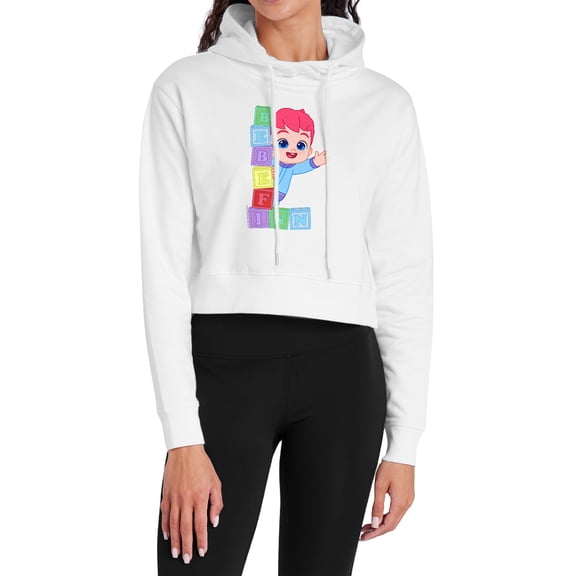 Bebefinn Building Blocks Women's Cropped Hoodie Pullover Sweatshirt, White, Medium
