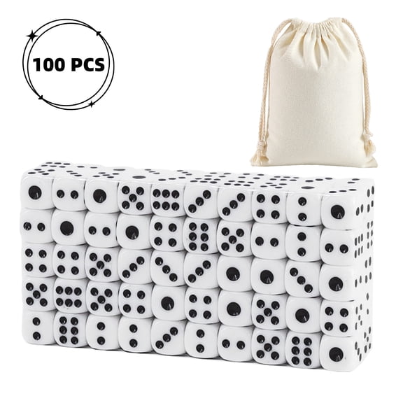 WLGJL 100 Pack 0.54inch White Dice - Six Sided Standard Opaque White Dice with Black Pips Dots for Board Games