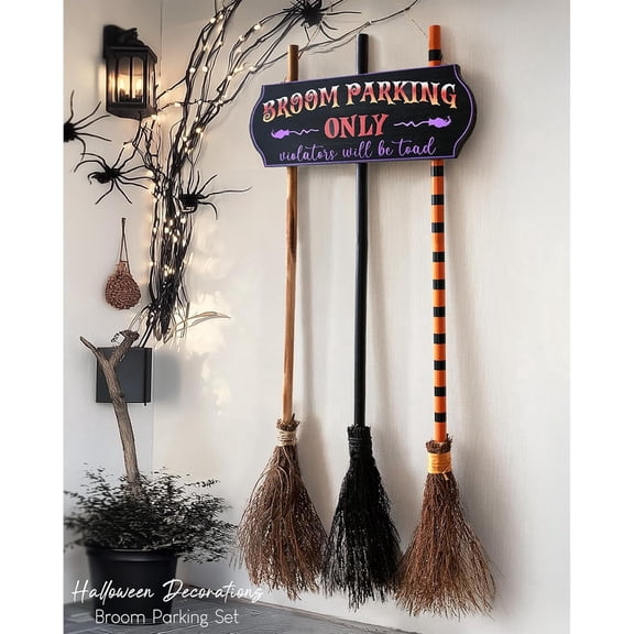 Halloween Decorations - Broom Parking Sign with 3 Wooden Witches Brooms | Hocus Pocus Decor, Halloween Decor, Front Porch Wall Decoration, For Indoor Outdoor Home Office Party