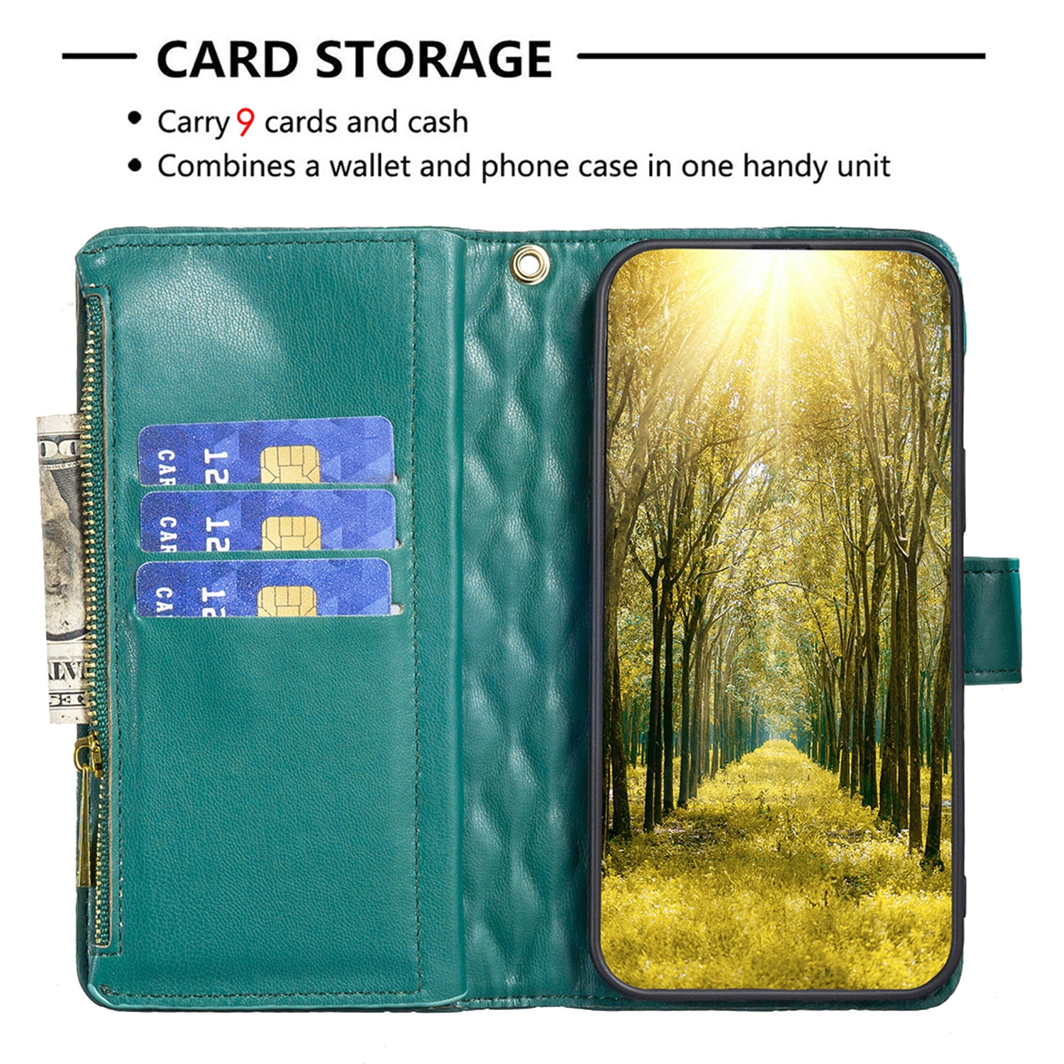 Allytech iPhone 13 Wallet Case, PU Leather Flip Folio Stand Shockproof Zipper Wallet Cards Holders Detachable Hand Wrist Phone Case Cover for Apple iPhone 13 6.1-Inch - Green