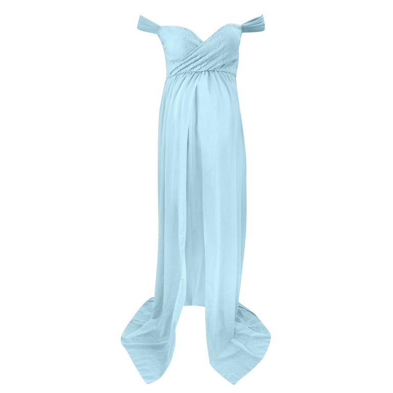 qolati Women Off Shoulder Maternity Dress for Photography Mermaid Slit  Chiffon Gown Flowy Maternity Gown Baby Shower Maxi Photo Props Dress Sky  Blue S 4 - Walmart.com