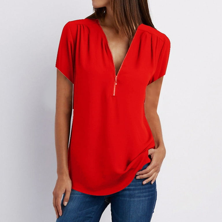 Dressy Junior Tops Tee Womens Ladies Top Blouse Casual Tops Loose Zipper V Neck Shirt T shirt Long Sleeve Tees