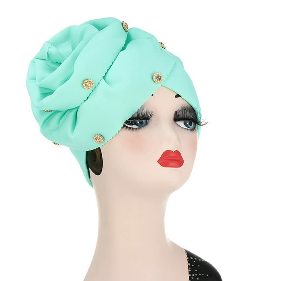 UDIYO Flower Decor Solid Color Headscarf Cap Women Rhinestone Ruched Head Wrap Hair Accessories