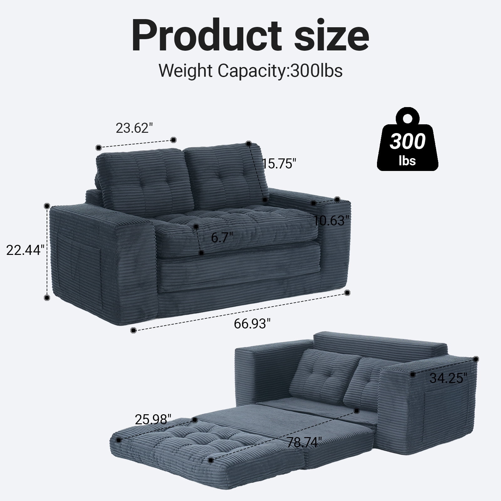 Leumius Futon Sofa Bed,2-in-1 Folding Sofa Bed with Memory Foam & Steel Frame,Corduroy Fabric Boneless Floor Sofa for Small Spaces, Apartments, Home Office & Bedroom,Black