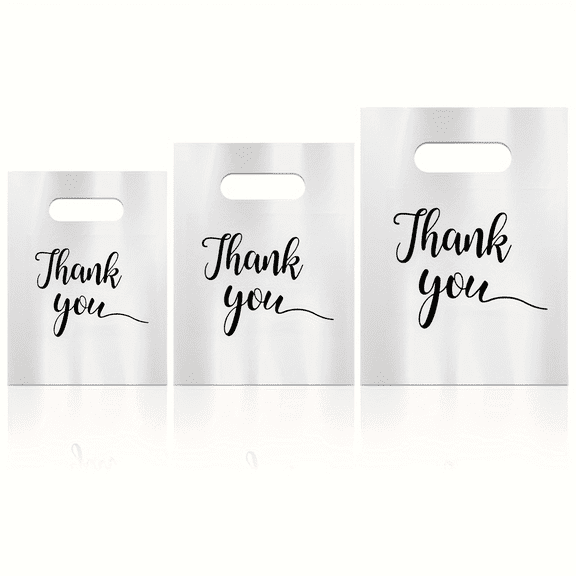 White “Thank You” Plastic Gift Bags - 200Pcs Assorted Sizes for Retail & Gifting