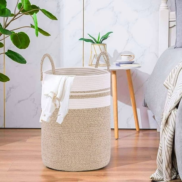 Cesta de lavandería de cuerda tejida con asas, multiusos,juguetero practico, cesto para ropa sucia, canasta organizadora,grande blanco y marrón(58 L)