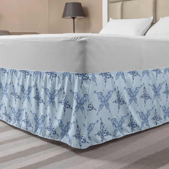 Flowers Insects Bed Skirt, Print of Butterfly Silhouettes in Floral Motifs, Elastic Bedskirt Dust Ruffle Wrap Around for Bedding Decor, 4 Sizes, Slate Blue Slate Blue, by Ambesonne