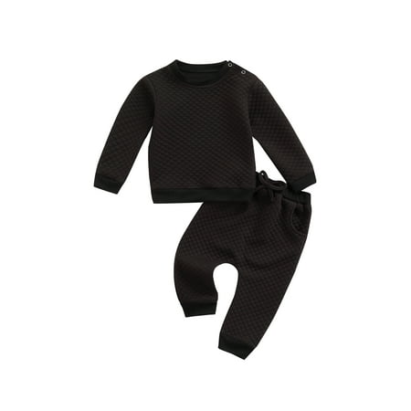 

Canrulo Newborn Baby Boy Girl Clothes Diamond Lattice Unisex Solid Outfits Long Sleeve Warm Pullover Pants Set Black 6-12 Months