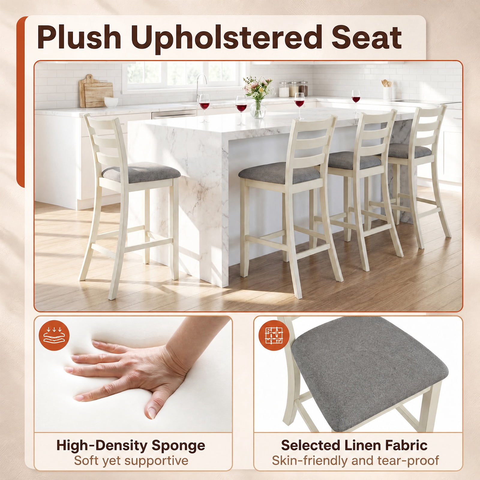 Furnibear Counter Height Chairs Set of 2 with Fabric Seat and Rubber Wood Legs, Upholstered Bar Stools with Backrest, Beige