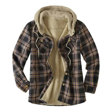 Mens Thermal Quilted Lined Flannel Shirts Jackets Hooded Button Down Long Sleeve Shirt Cozy Warm Winter Flannel Coats Thickened Plaid Jacket