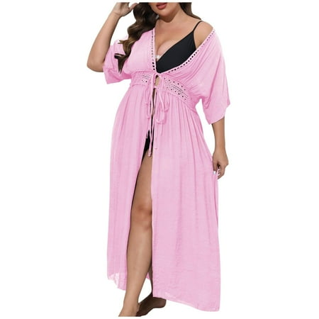 Lovskoo 2024 Swimsuit Coverup for Women Short Sleeve Bathing Suit Bikini Beach Tassels Loose Hollow Out Cover Up Coat Cardigan Pink Free Size