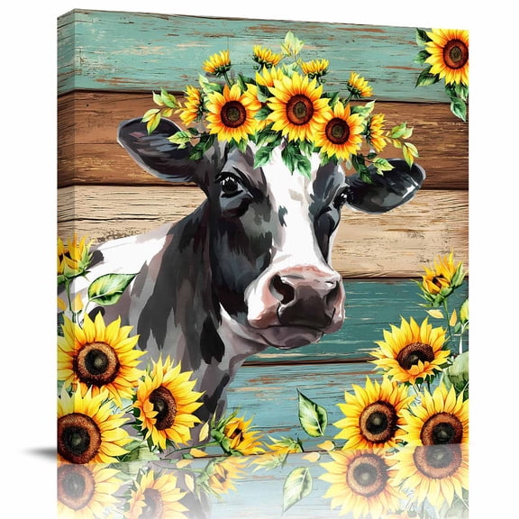 Framed Canvas Wall Art for Living Room Yellow Sunflower Cow Wall Decor, Farm Animal Teal Wood Grain Aesthetic Paintings for Bedroom Office Kitchen, Ready to Hang Artwork Wall Pictures 8x8 Inch