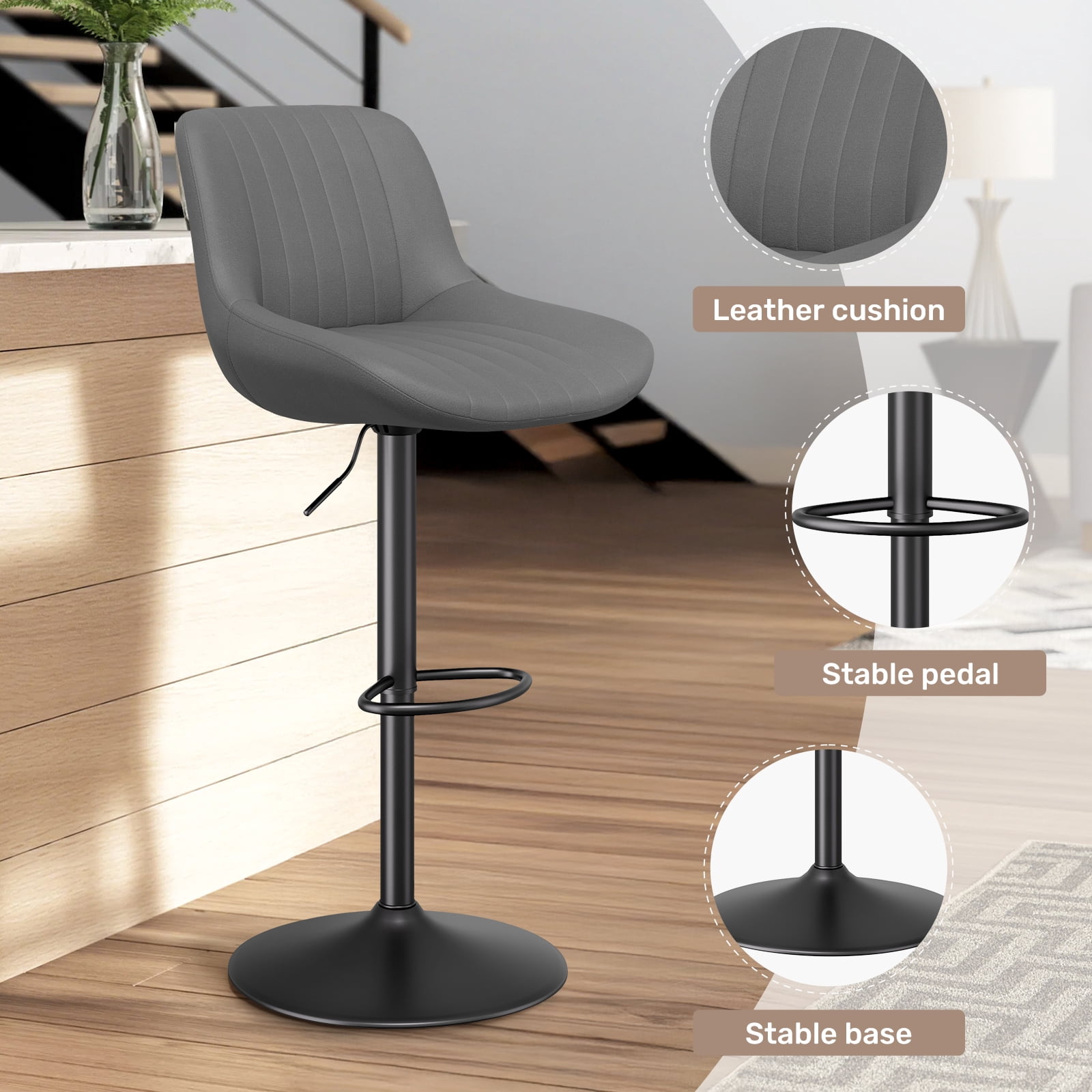Daluvenix Adjustable Bar Stools Set of 4, Swivel Kitchen Bar Chairs with Back, Modern Tech Fabric Island Chairs for Home Kitchen, Dark Gray